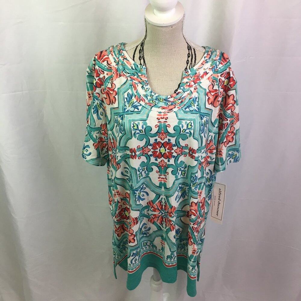 Alfred Dunner Coastal Drive Short Sleeve Blouse Multi Green Small